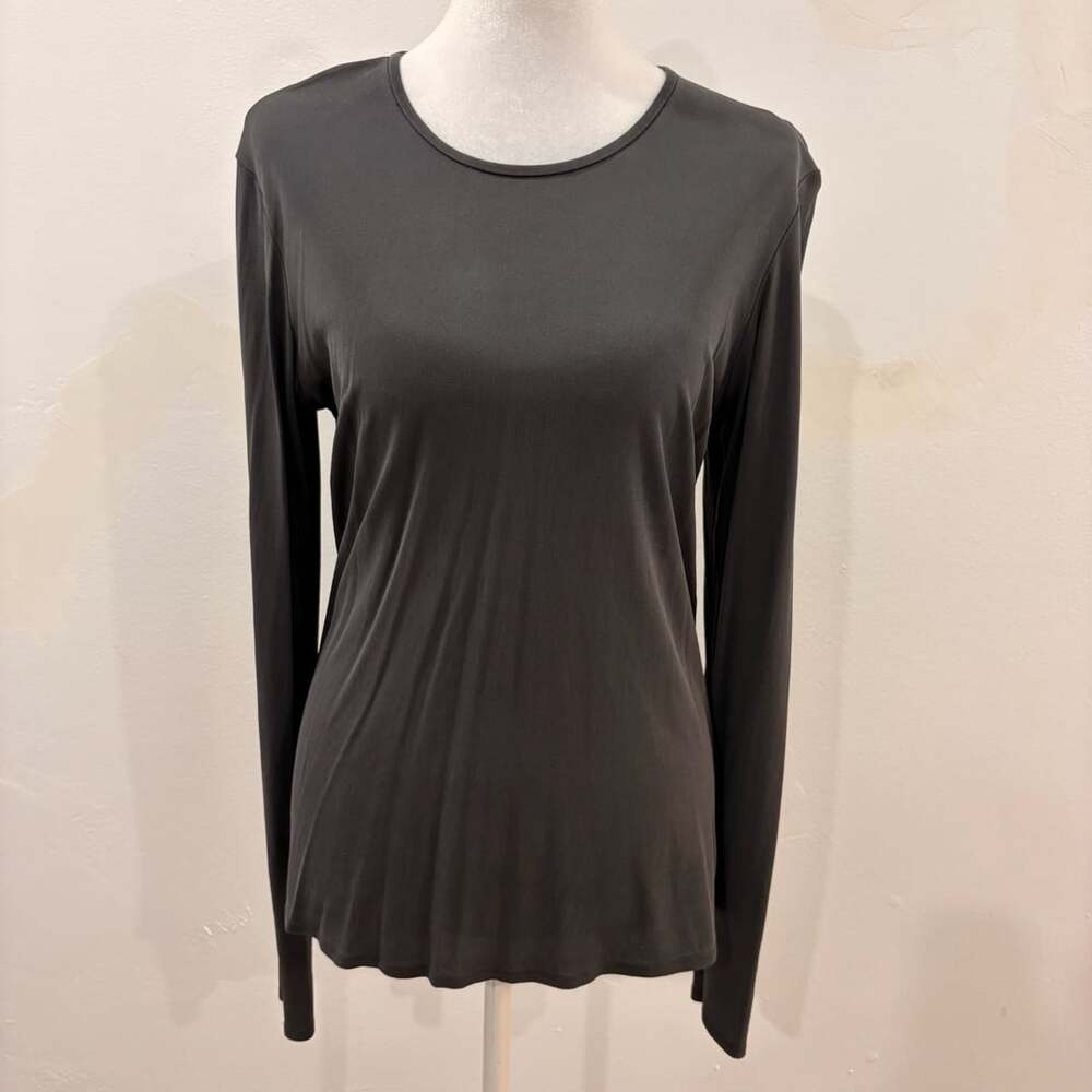 Eileen Fisher 100% Silk Dark Grey Long Sleeve Crewneck Top Size M Layering